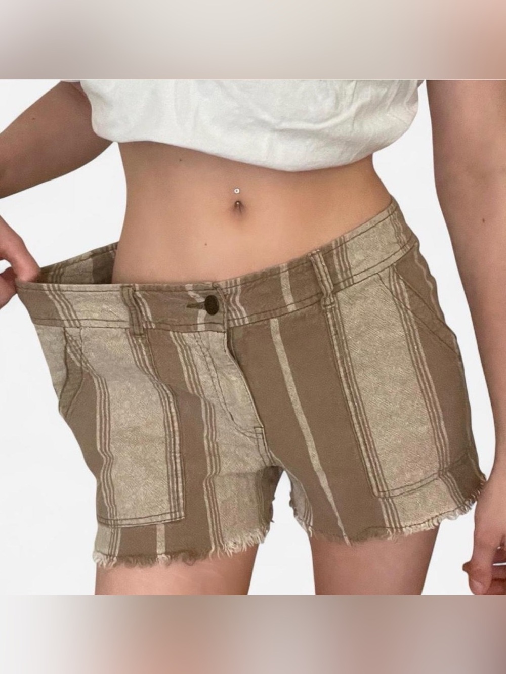 Free People Natural Fatigue Striped Frayed Hem Shorts